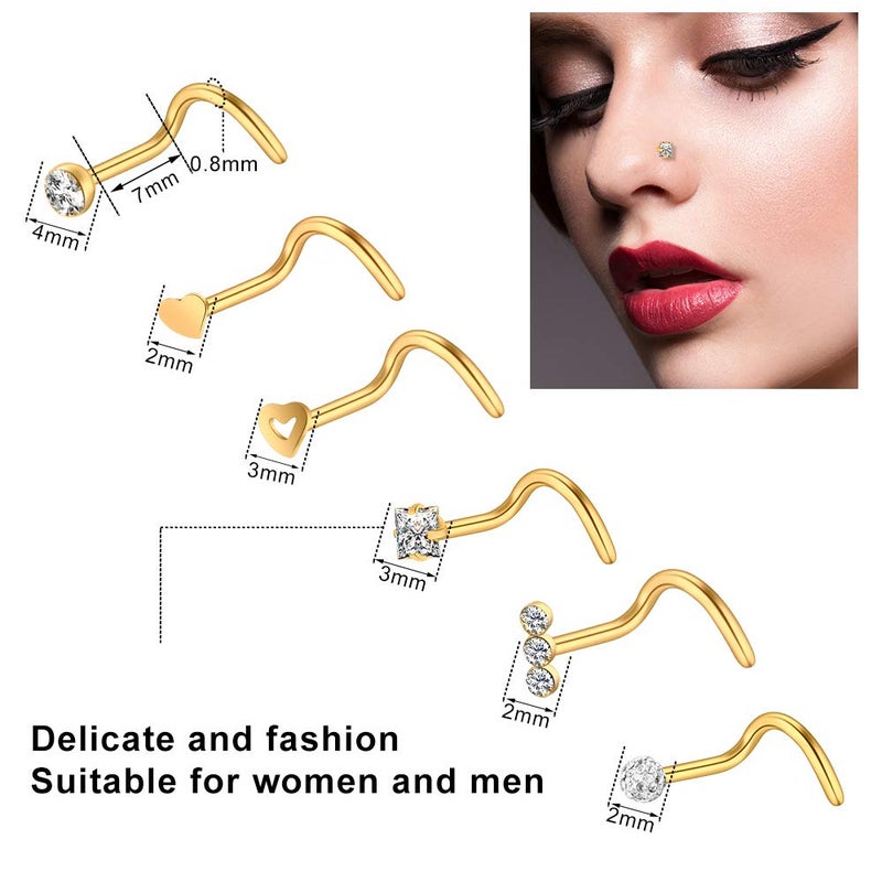 ONESING 40 PCS 20G Nose Rings/Nose Piercings Jewelry, Gold, Hoops L Shape Studs Screw 316L Surgical Stainless Steel for Men Women - Image 2