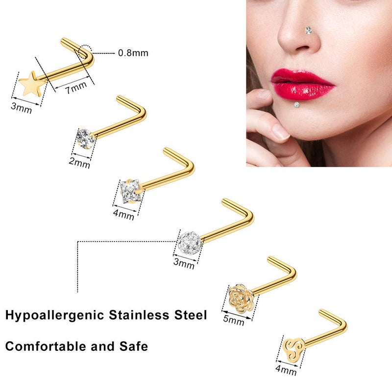 ONESING 40 PCS 20G Nose Rings/Nose Piercings Jewelry, Gold, Hoops L Shape Studs Screw 316L Surgical Stainless Steel for Men Women - Image 3