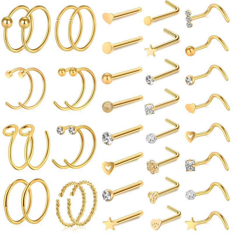 ONESING 40 PCS 20G Nose Rings/Nose Piercings Jewelry, Gold, Hoops L Shape Studs Screw 316L Surgical Stainless Steel for Men Women - Image 1