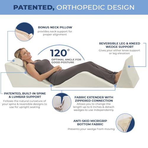 Contour BackMax Bed Wedge Lumbar Support System - Multi-Positional Back, Leg & Knee Elevation Pillows for Sleep & Recovery with Orthopedic Zero Gravity Weightless Comfort - Bonus Half Roll Neck Pillow - Image 3