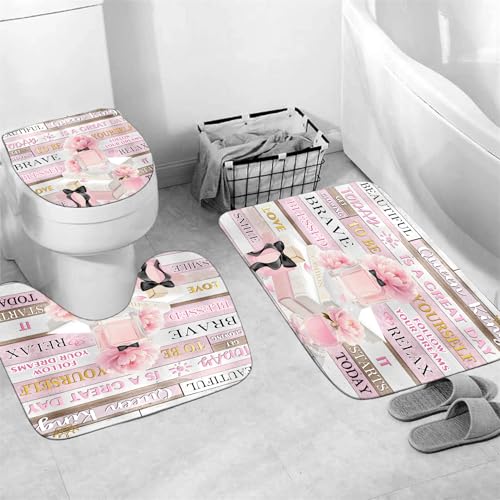 AZHM 4Pcs Shower Curtain Set Pink Fashion Floral Bathroom Decor Inspirational Quotes Bathroom Shower Curtain with Rugs and Accessories Girly Perfume Bathroom Set - Image 3