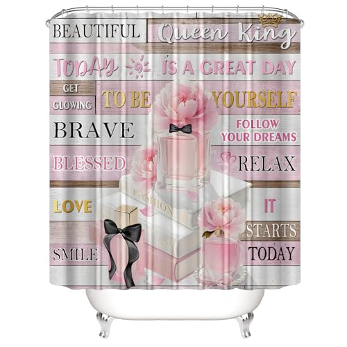 AZHM 4Pcs Shower Curtain Set Pink Fashion Floral Bathroom Decor Inspirational Quotes Bathroom Shower Curtain with Rugs and Accessories Girly Perfume Bathroom Set - Image 5