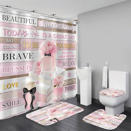 AZHM 4Pcs Shower Curtain Set Pink Fashion Floral Bathroom Decor Inspirational Quotes Bathroom Shower Curtain with Rugs and Accessories Girly Perfume Bathroom Set - Image 1