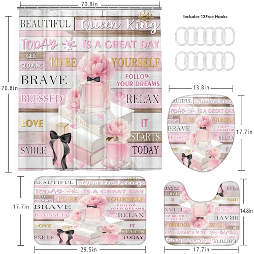 AZHM 4Pcs Shower Curtain Set Pink Fashion Floral Bathroom Decor Inspirational Quotes Bathroom Shower Curtain with Rugs and Accessories Girly Perfume Bathroom Set - Image 4