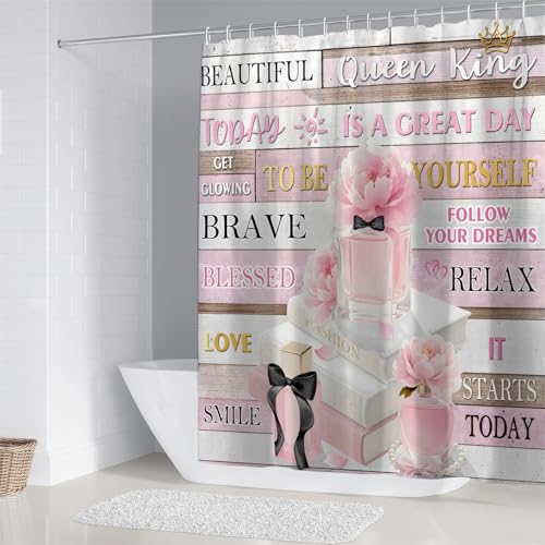 AZHM 4Pcs Shower Curtain Set Pink Fashion Floral Bathroom Decor Inspirational Quotes Bathroom Shower Curtain with Rugs and Accessories Girly Perfume Bathroom Set - Image 2