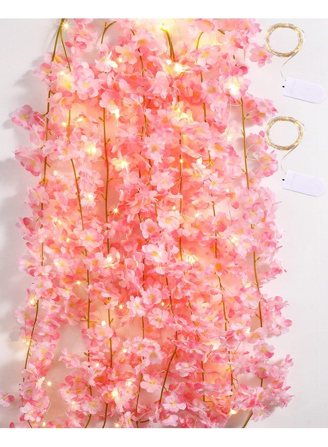 Jutom Cherry Blossom Flower Garland Artificial with String Light Hanging Silk Pink Flower Garland Vines for Bedroom Spring Home Wedding Party Kawaii Japanese Decor (4 Pcs) - Image 1
