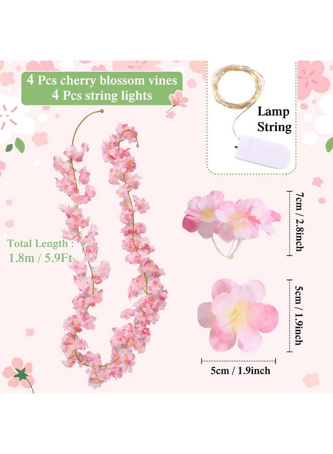 Jutom Cherry Blossom Flower Garland Artificial with String Light Hanging Silk Pink Flower Garland Vines for Bedroom Spring Home Wedding Party Kawaii Japanese Decor (4 Pcs) - Image 2