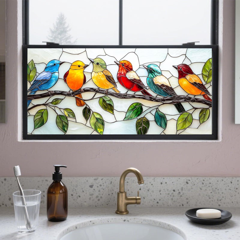 IVN Privacy Window Film 39.3x17.7 Inch Static Cling Decorative Window Film with Stained Glass Birds Design for Bathroom Kitchen Office - Image 1