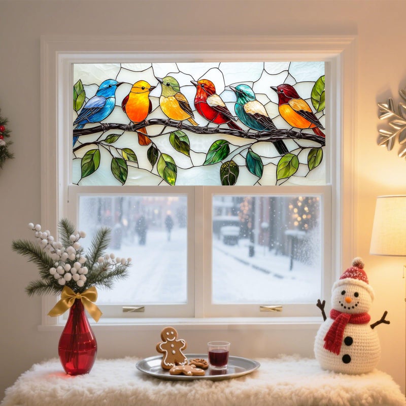 IVN Privacy Window Film 39.3x17.7 Inch Static Cling Decorative Window Film with Stained Glass Birds Design for Bathroom Kitchen Office - Image 2