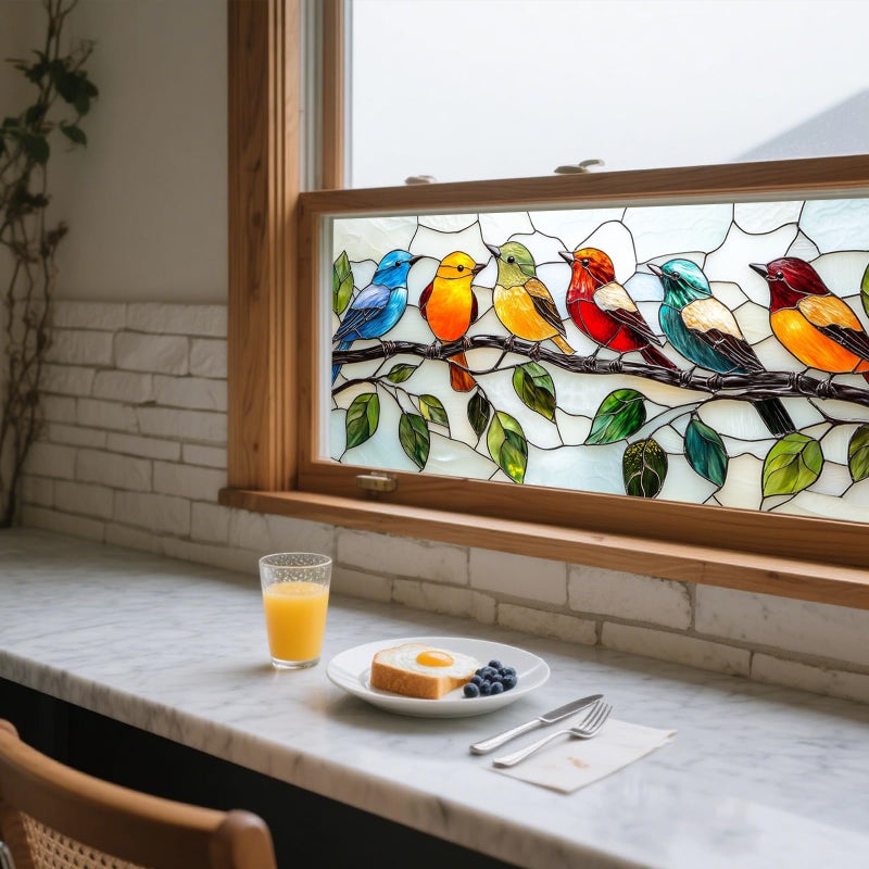 IVN Privacy Window Film 39.3x17.7 Inch Static Cling Decorative Window Film with Stained Glass Birds Design for Bathroom Kitchen Office - Image 5
