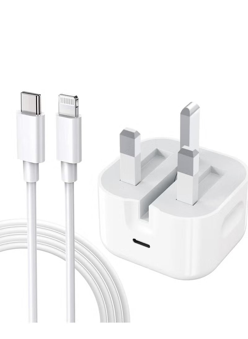متجر سهل شاحن سريع لأجهزة iPhone 14 و13 و12 Pro Max، محول طاقة USB-C بقوة 20 واط مع كابل Lightning بطول 1 متر، قابس بريطاني، شاحن سريع لأجهزة iPhone وiPad - أبيض - Image 1
