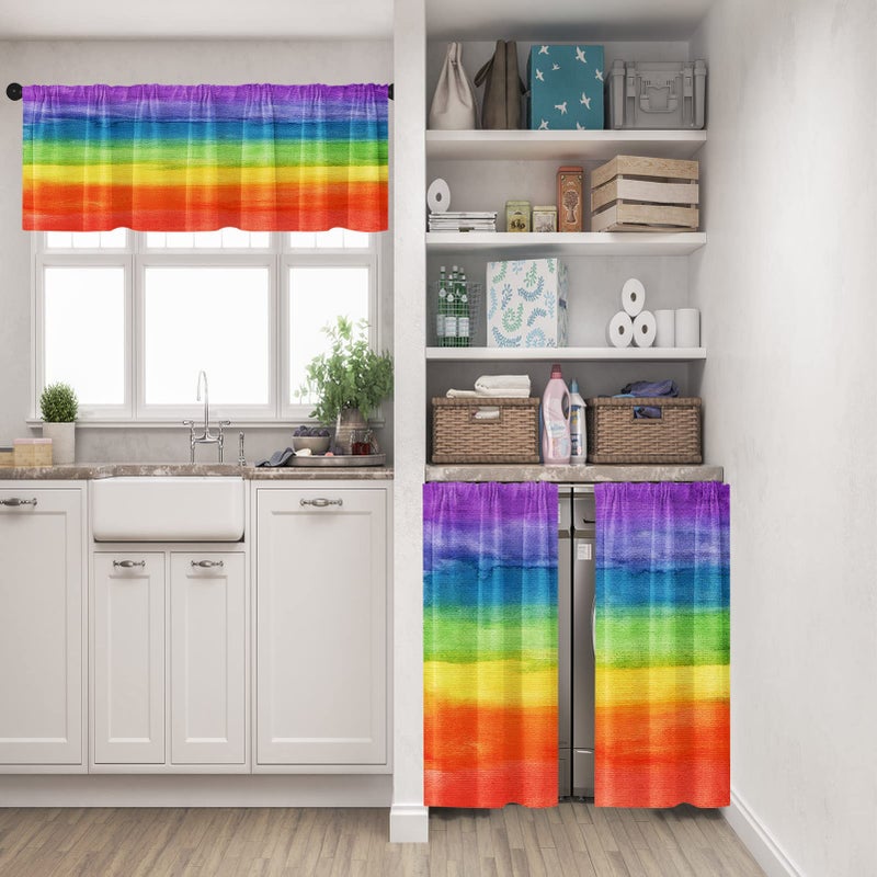Tayney Tayney Colorful Kitchen Curtains Rainbow Stripes Window Curtains Valance and Tier Set  Abstract Painting Art Rod Pocket Short Tier Curtain  Modern Small Cafe Curtains for Kitchen Decor - Image 2