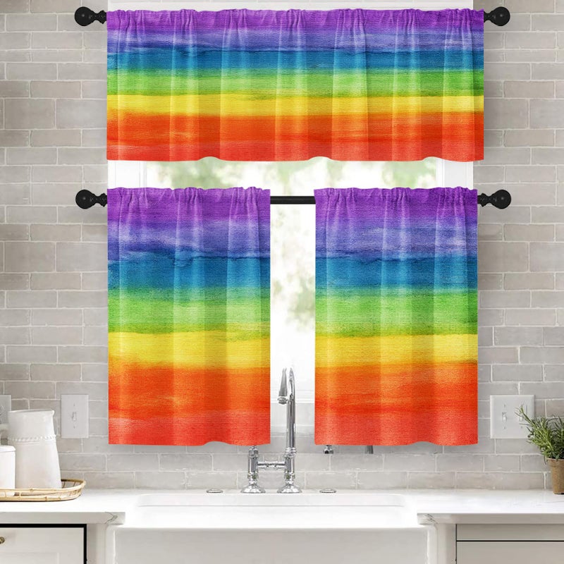 Tayney Tayney Colorful Kitchen Curtains Rainbow Stripes Window Curtains Valance and Tier Set  Abstract Painting Art Rod Pocket Short Tier Curtain  Modern Small Cafe Curtains for Kitchen Decor - Image 1