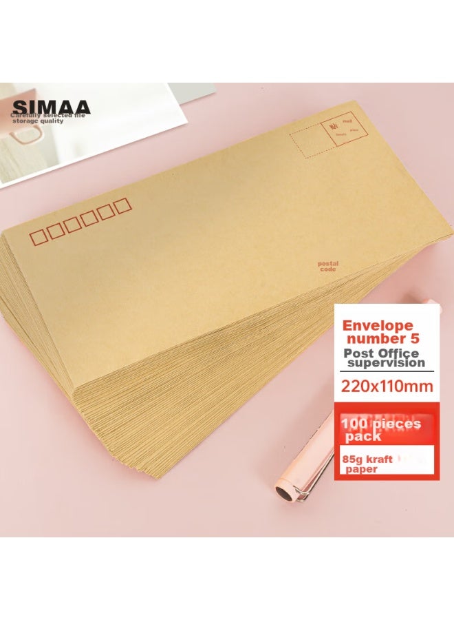 Simaa 100 Sheets No. 5 Kraft Paper Envelopes, Standard Postal Envelopes 220*110mm, Office Supplies, Cash Receipts, Payroll Envelopes, Small Envelope Pouches 6615 - Image 1