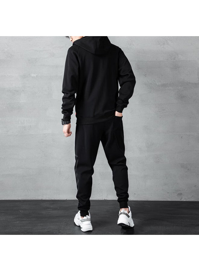 Vancamel Men's Hooded Sportswear Set Spring And Autumn Casual Two-piece Outfit Black 3XL
