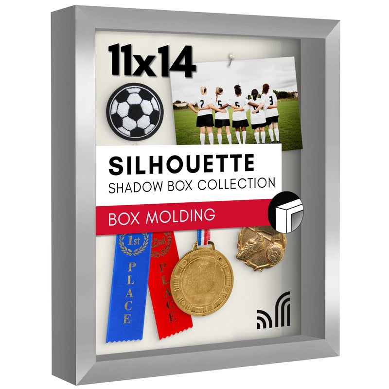 Americanflat 11x14 Shadow Box Frame with ShatterResistant Glass  Silhouette Collection  Large Shadow Box Display Case for Tabletop and Wall Display  Silver with Soft Felt Back