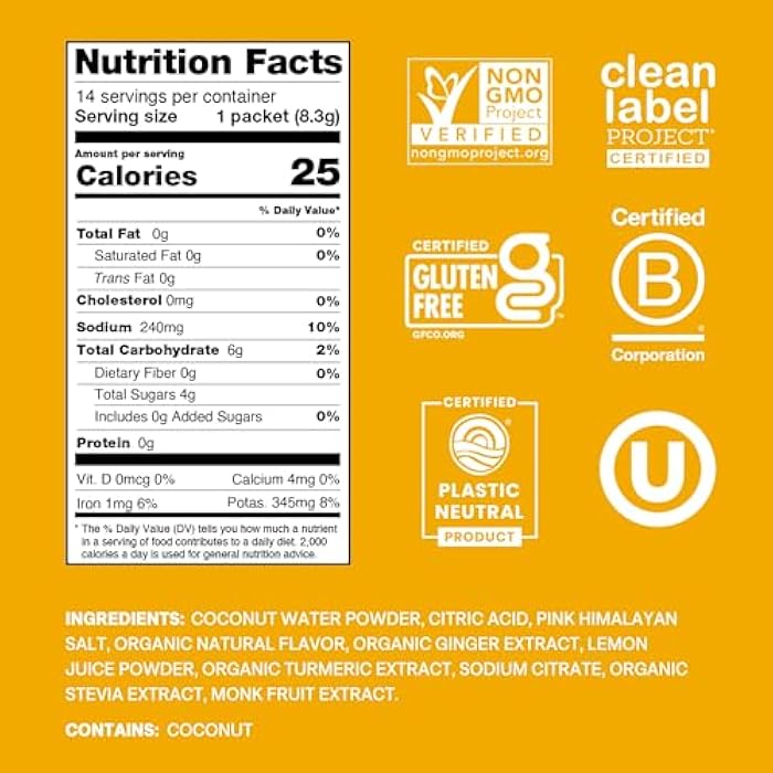 Cure Hydration | Plant-Based Electrolyte Drink Mix | No Added Sugar | FSA-HSA | Dehydration Relief Powder Made with Coconut Water | Non-GMO | Vegan | Pouch of 14 Packets - Ginger Turmeric - Image 2