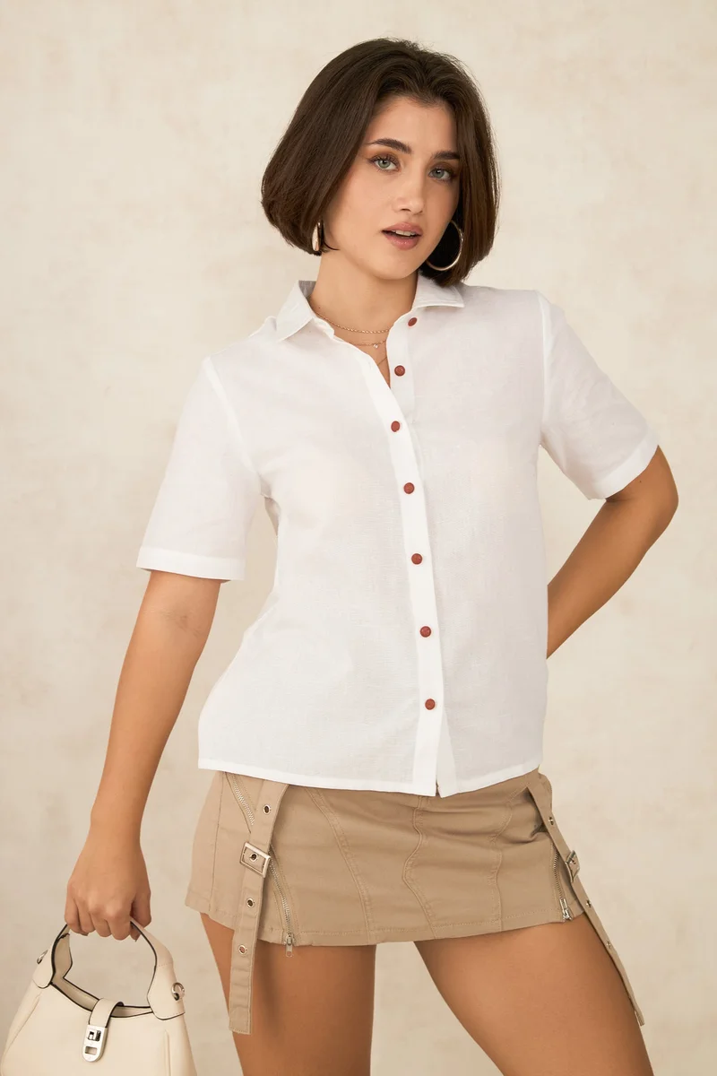 فيرجيو Linen Short Brunchwear Sleeve Buttoned Shirts for Women