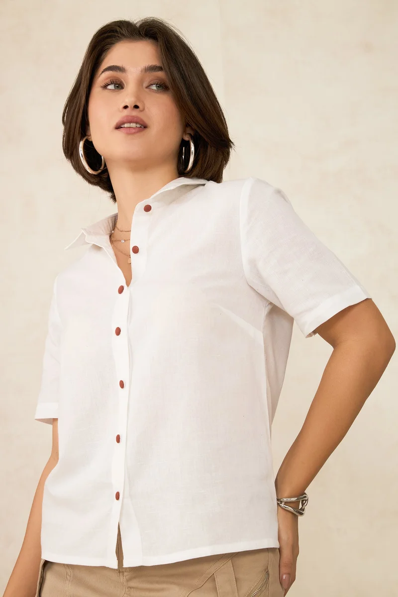 فيرجيو Linen Short Brunchwear Sleeve Buttoned Shirts for Women
