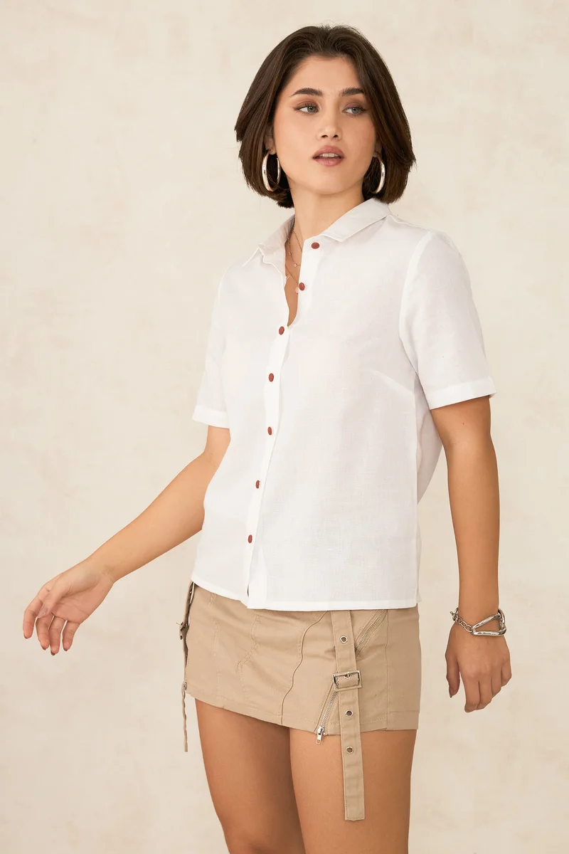 فيرجيو Linen Short Brunchwear Sleeve Buttoned Shirts for Women