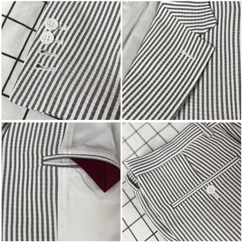 PopEle Leisure Mens Striped Seersucker Slim Fit Suit Grooms Lightweight Sear Sucker Suit for Wedding Black/White - Image 2