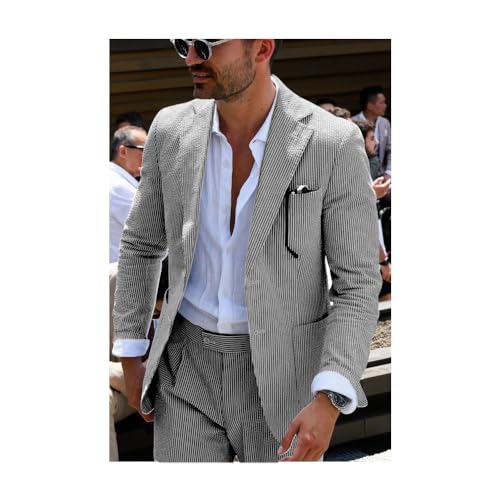 PopEle Leisure Mens Striped Seersucker Slim Fit Suit Grooms Lightweight Sear Sucker Suit for Wedding Black/White - Image 5