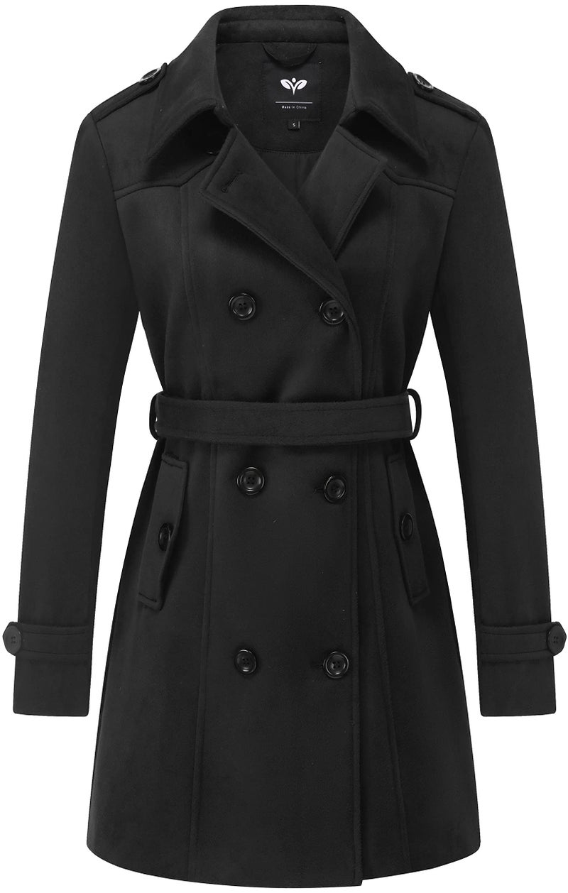 GGleaf Womens Double Breasted Pea Coat Slim MidLong Trench Coat Winter Windproof Outwear Black Small