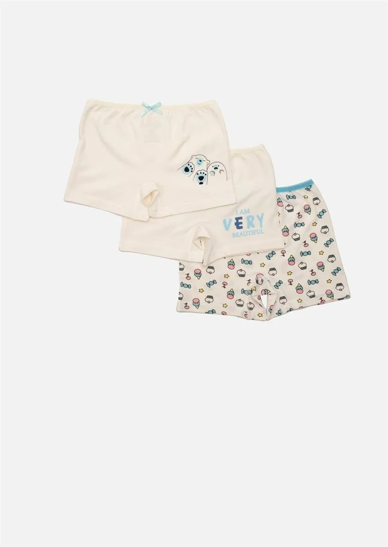 Defne Cute Bear Pattern Printed Lycra Combed Cotton Girls 3-Piece Boxer Set