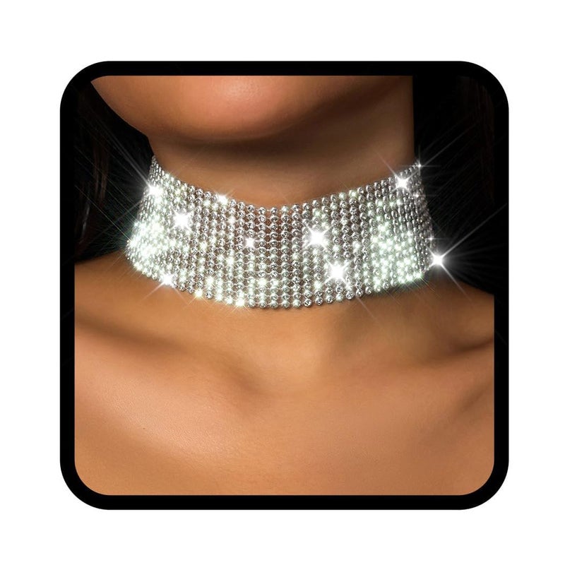 Nicute Rhinestone Necklace Jewelry Silver Crystal Wide Choker Necklace Sparkly Collar Necklaces Prom for Women