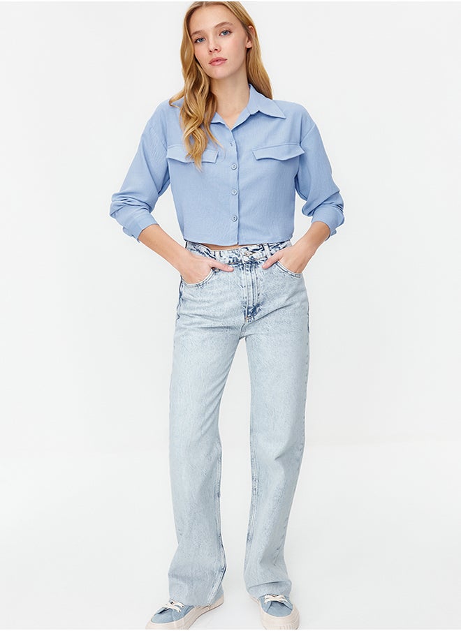 trendyol Blue Pocket Detailed Crop Aerobin Regular Fit Woven Shirt TWOSS22GO0715  - Image 1