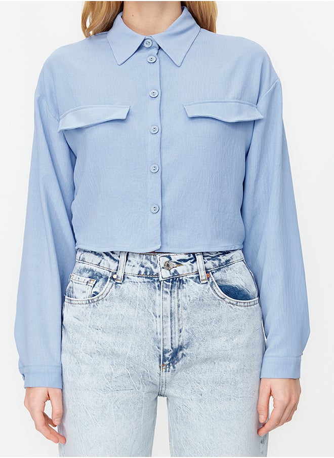 trendyol Blue Pocket Detailed Crop Aerobin Regular Fit Woven Shirt TWOSS22GO0715  - Image 4