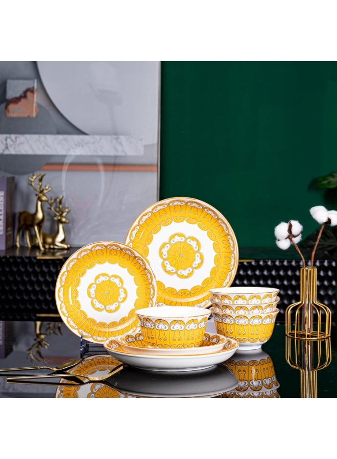 GOLD MANTIS TechPlus 12-Piece Gold Pattern Ceramic Dinnerware Set - Includes 4x 10.2-Inch Plates, 4x 8-Inch Plates, 4x 5.5-Inch Bowls | Microwave & Dishwasher Safe | Stylish Tableware Set for Elegant Dining - Image 2