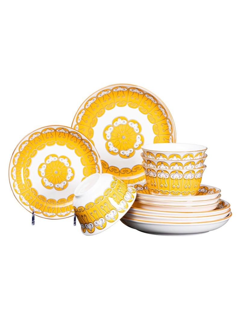 GOLD MANTIS TechPlus 12-Piece Gold Pattern Ceramic Dinnerware Set - Includes 4x 10.2-Inch Plates, 4x 8-Inch Plates, 4x 5.5-Inch Bowls | Microwave & Dishwasher Safe | Stylish Tableware Set for Elegant Dining - Image 1