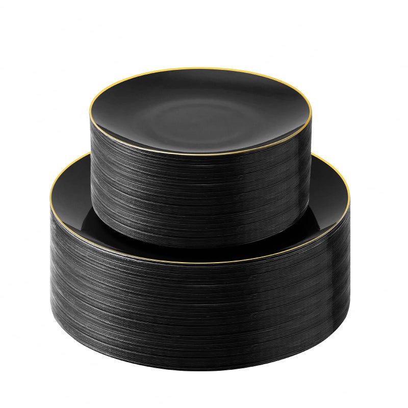 Bestluck 100PCS Black Plastic Plates with Gold Rim Black Gold Disposable Plates for Party Graduation and Wedding Include 50 Dinner Plates 50 Dessert Plates for 50 Guests