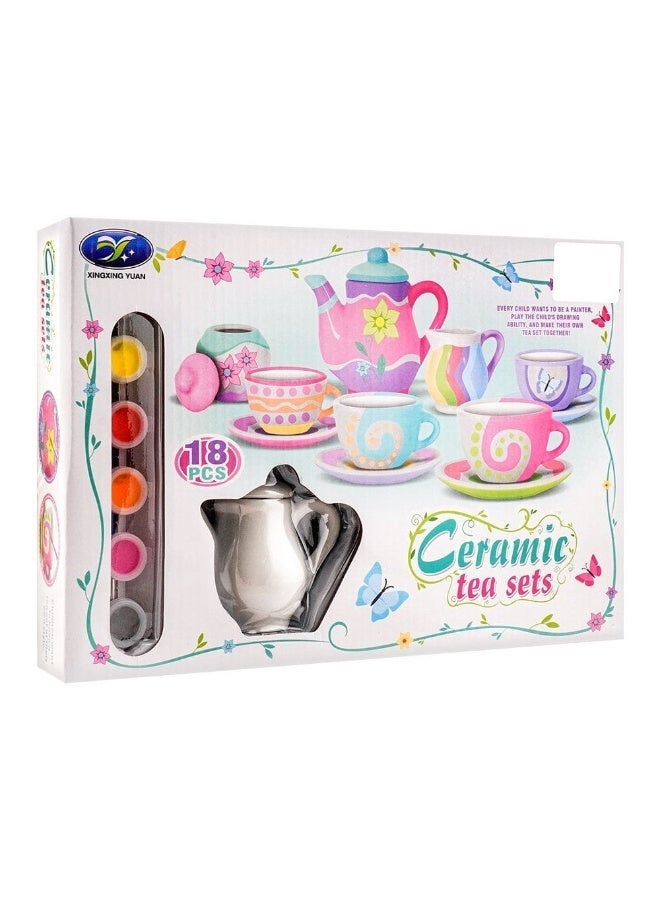 18-Piece Paint Your Own Ceramic Tea Set for Kids with Paints and Brush - Image 3