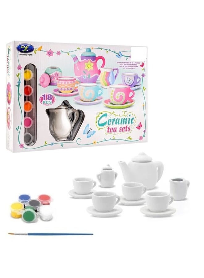 18-Piece Paint Your Own Ceramic Tea Set for Kids with Paints and Brush - Image 2