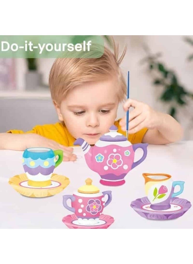 18-Piece Paint Your Own Ceramic Tea Set for Kids with Paints and Brush - Image 1