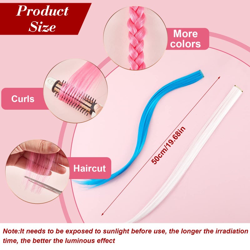 Juinte 20 Pcs Glow in The Dark Colored Hair Extensions 20 Inch Straight Color Clip Rainbow Halloween Party Hairpiece for Women, 10 Color(Multicolor) - Image 2