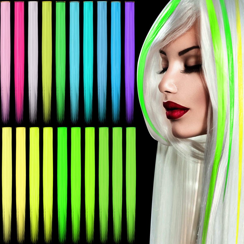 Juinte 20 Pcs Glow in The Dark Colored Hair Extensions 20 Inch Straight Color Clip Rainbow Halloween Party Hairpiece for Women, 10 Color(Multicolor) - Image 1