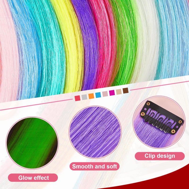 Juinte 20 Pcs Glow in The Dark Colored Hair Extensions 20 Inch Straight Color Clip Rainbow Halloween Party Hairpiece for Women, 10 Color(Multicolor) - Image 3