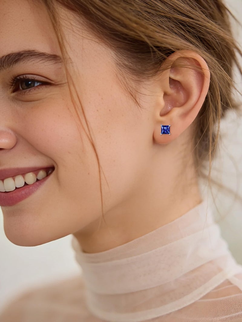 ChicSilver Hypoallergenic Square September Birthstone Earrings, 925 Sterling Silver Princess Cut Sapphire Earrings, 6MM Solitaire Gemstone Blue Stud Earrings for Women Mothers Day Gifts for Moms - Image 3