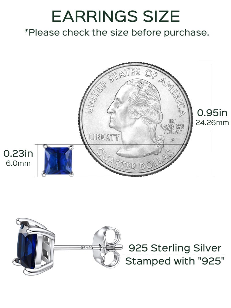 ChicSilver Hypoallergenic Square September Birthstone Earrings, 925 Sterling Silver Princess Cut Sapphire Earrings, 6MM Solitaire Gemstone Blue Stud Earrings for Women Mothers Day Gifts for Moms - Image 4