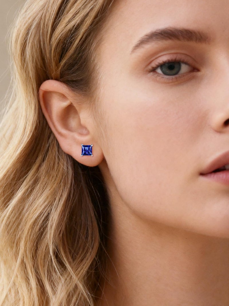 ChicSilver Hypoallergenic Square September Birthstone Earrings, 925 Sterling Silver Princess Cut Sapphire Earrings, 6MM Solitaire Gemstone Blue Stud Earrings for Women Mothers Day Gifts for Moms - Image 2