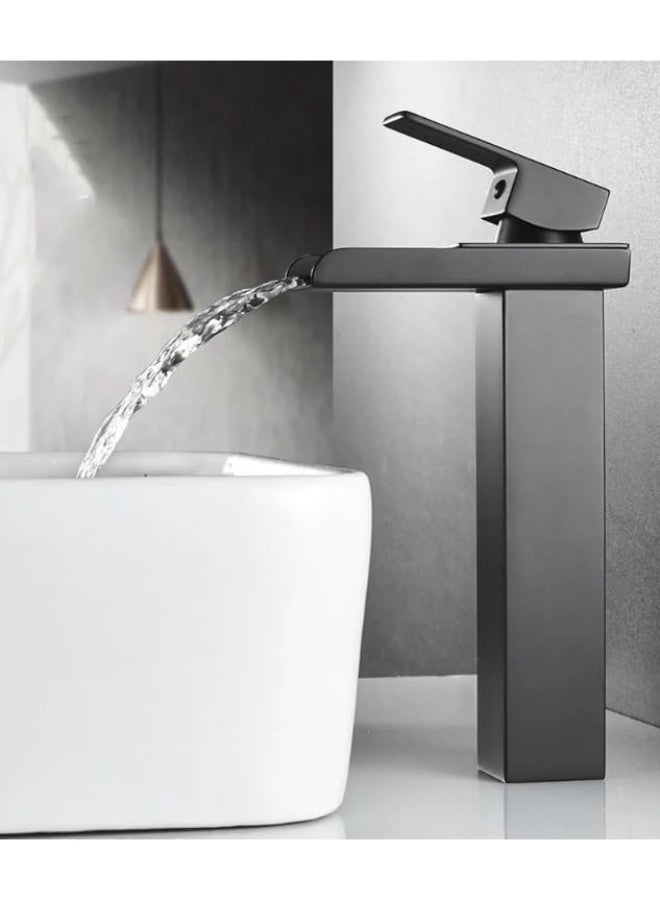 Long waterfall bathroom basin mixer, modern geometric design single-handle faucet, matte black - Image 1