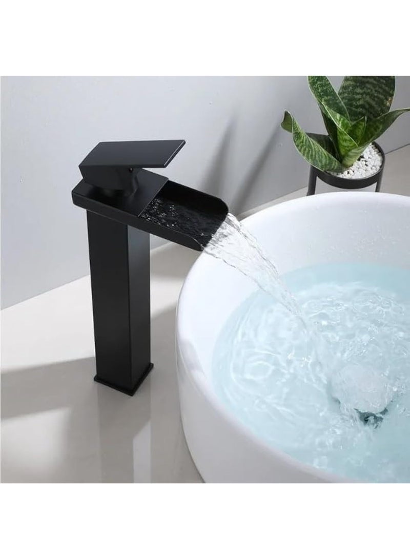 Long waterfall bathroom basin mixer, modern geometric design single-handle faucet, matte black - Image 3