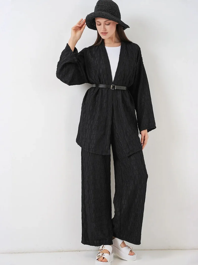 بيغ دارت BDART Textured Shawl Collar Kimono Pants Set
