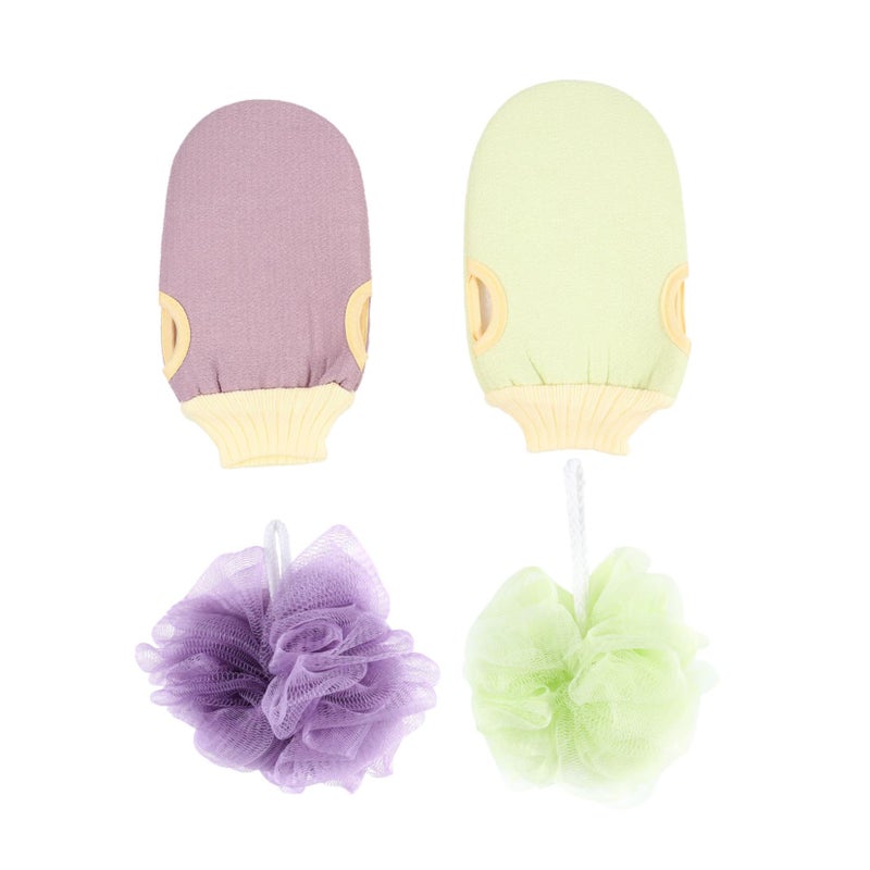 Exfoliating Bath Gloves and Mesh Pouf Set Green and Purple for Soft Skin Care - Image 2