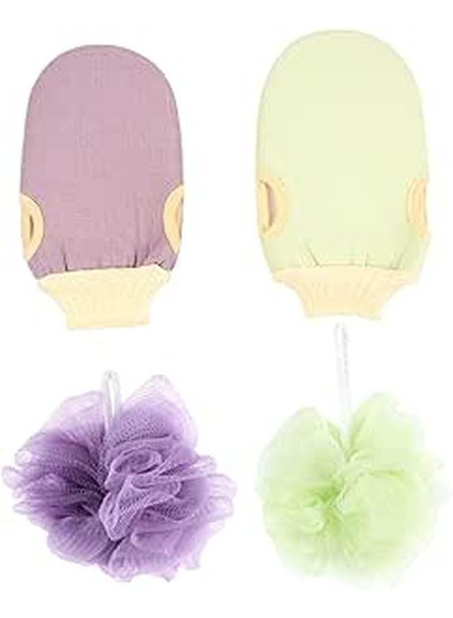 Exfoliating Bath Gloves and Mesh Pouf Set Green and Purple for Soft Skin Care - Image 1
