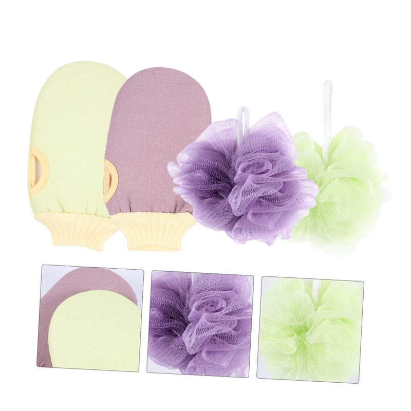 Exfoliating Bath Gloves and Mesh Pouf Set Green and Purple for Soft Skin Care - Image 3