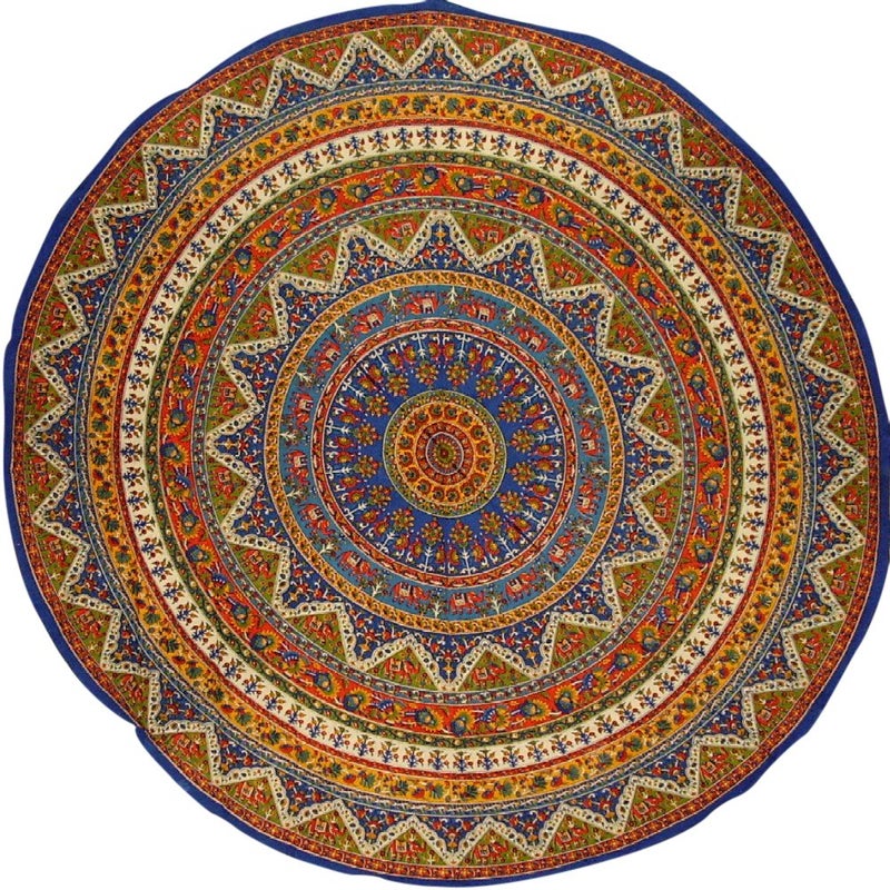 India Arts Indian Mandala Print Round Cotton Tablecloth 76"" Blue - Image 2